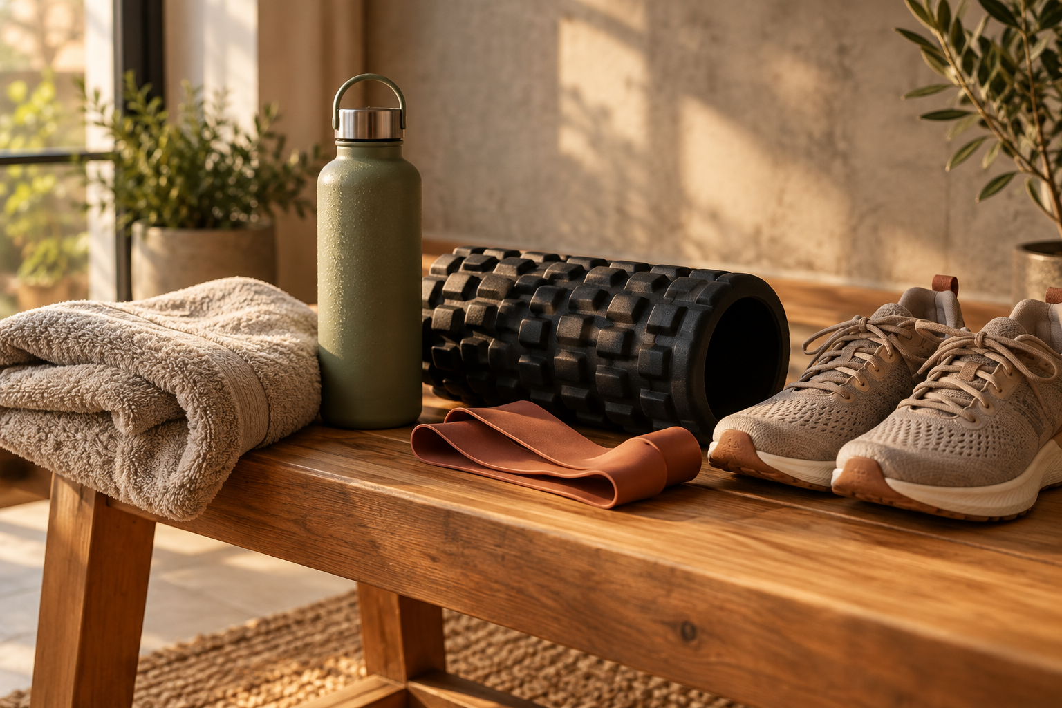 Handtuch, Trinkflasche, Faszienrolle und Schuhe für einen entspannten Regenerationstag