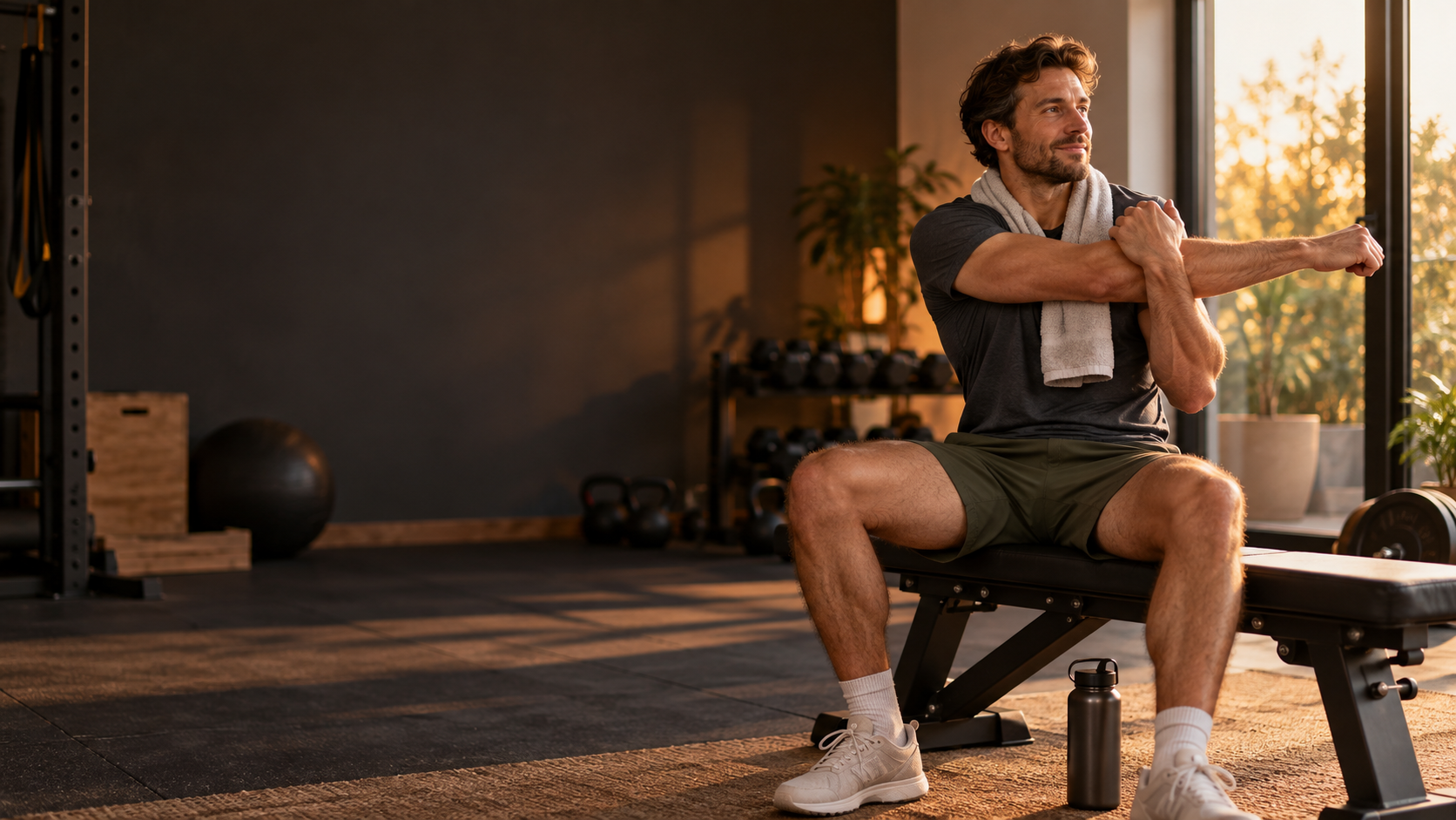 Mann entspannt und dehnt sich nach dem Training im Home-Gym