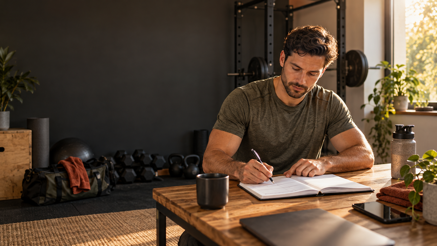 Mann plant konzentriert seine Trainingsroutine im Home-Gym